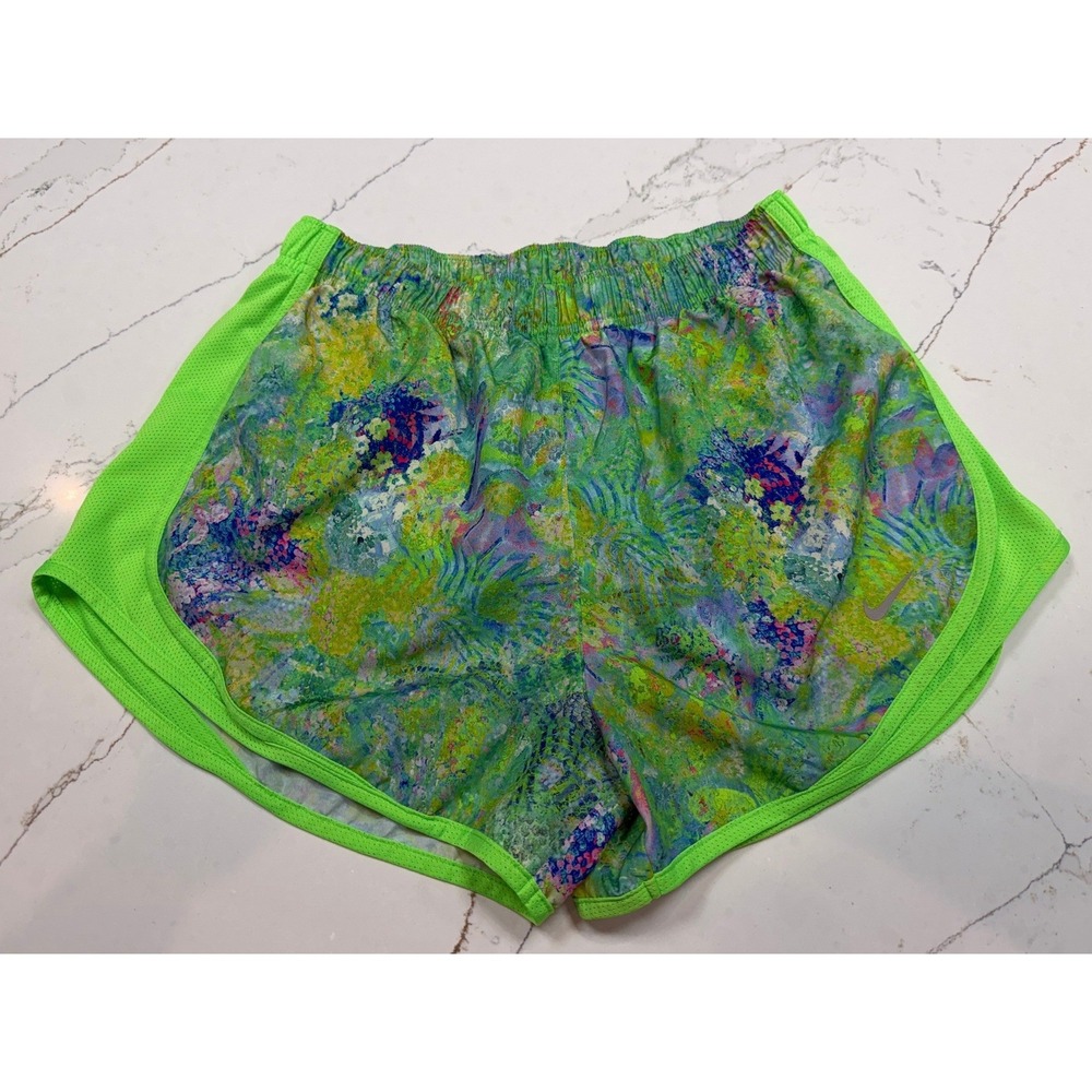 Nike Dri-FIT Womens Running Shorts Med Neon Green Floral Abstract Print